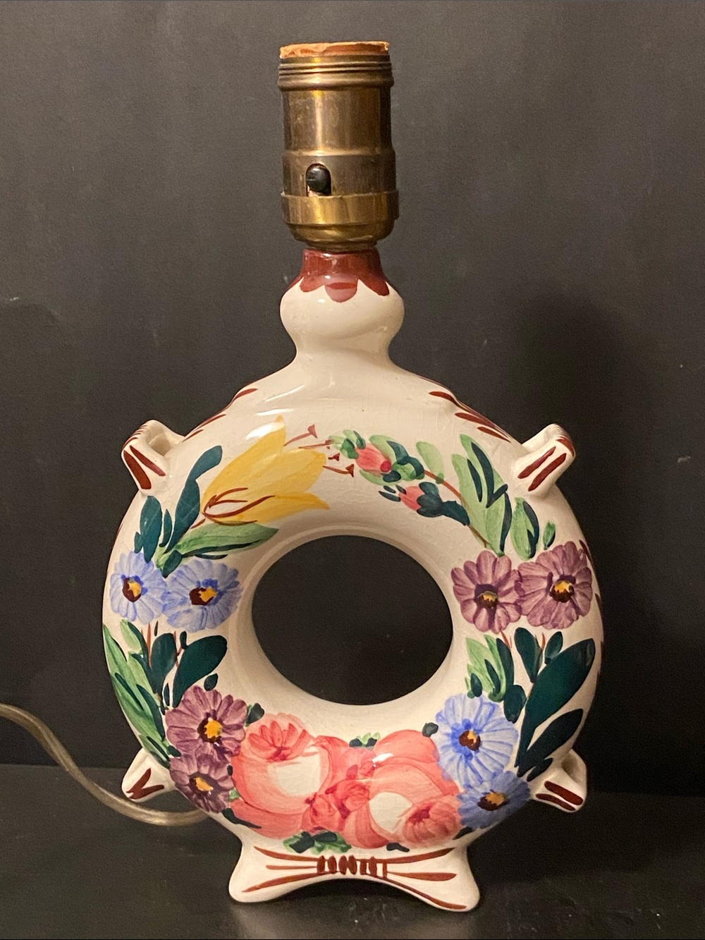 Vintage Hungary Hand-Painted Floral Ceramic Donut Lamp Base Folk Canteen Flask